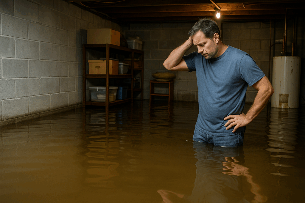 Man standing in a flooded basement, looking concerned as water covers the floor.