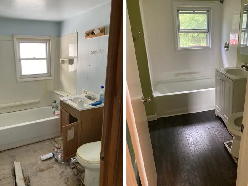 Side-by-side comparison of a bathroom before and after damage restoration, certified restoration experts